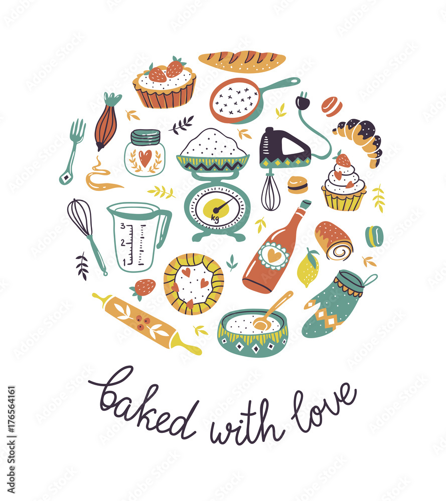 Bakery retro card with dots and floral elements. Vector cooking illustration with different cakes and stylish lettering - 'Bakery with love'.