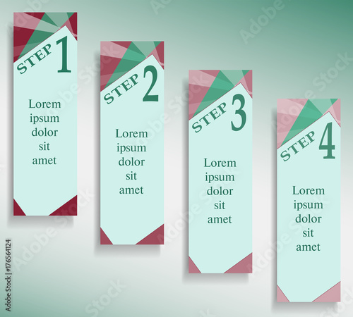 Infographic templates. Four vertical green and bordo bookmarks with text place. Banner concept for business presentations, advertisement, marketing, web sites. Vector EPS10