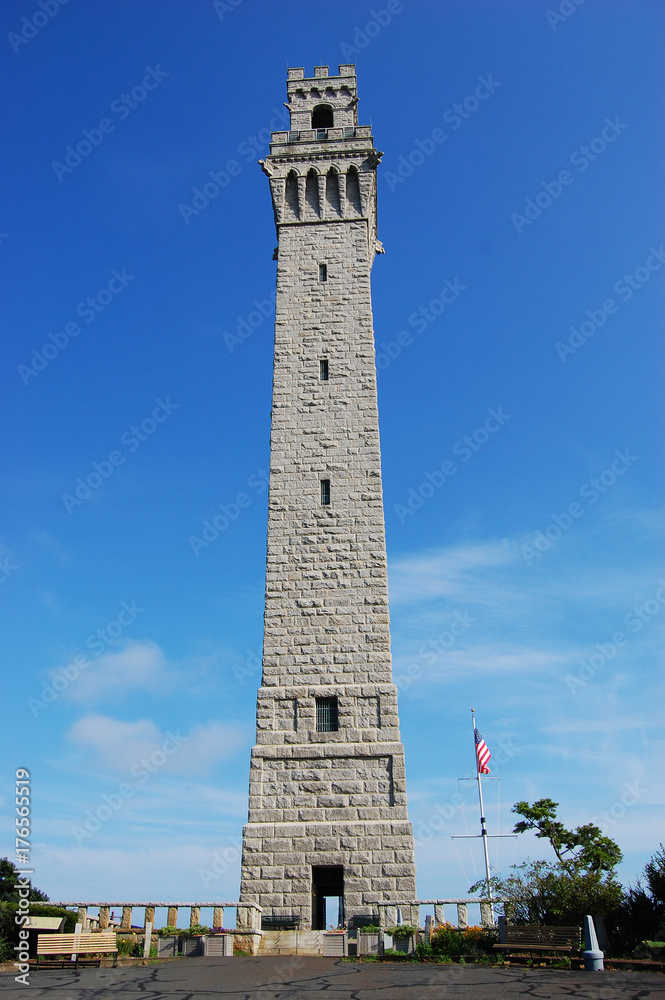 Pilgrim Monument is located at the center of Provincetown, Cape Cod, Massachusetts, USA.