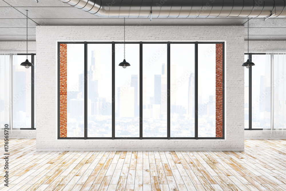 Fototapeta premium Clean brick interiro with city view