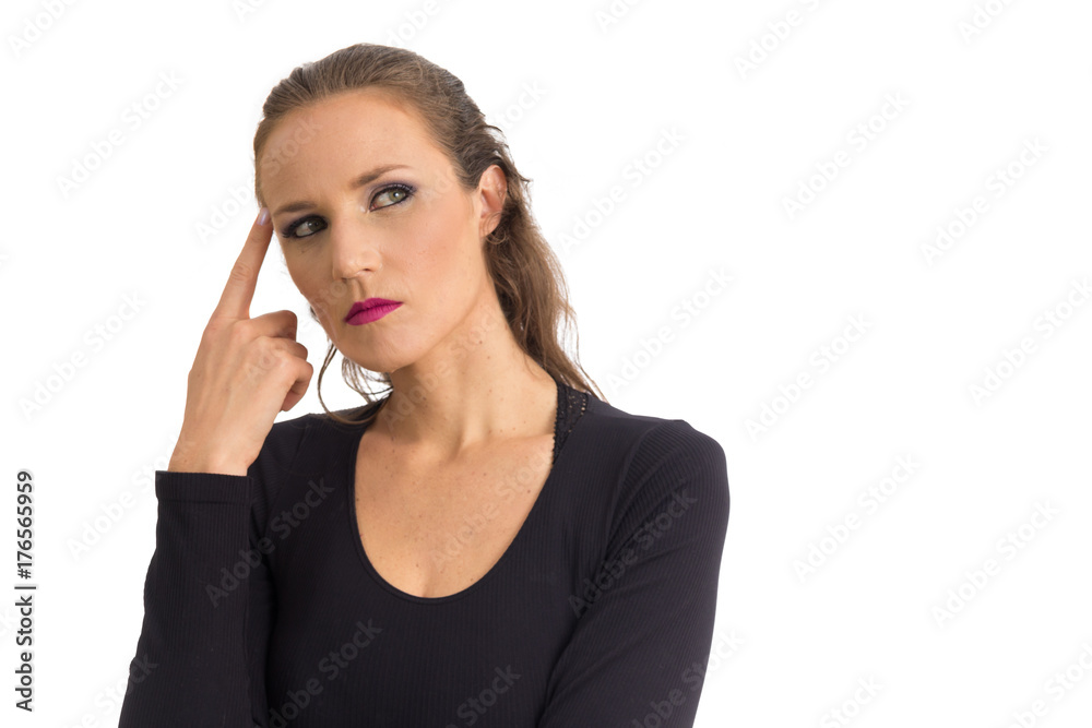 Woman is pondering. She has green eyes. Isolated on white background.. Woman is pondering. She has green eyes. Isolated on white background..