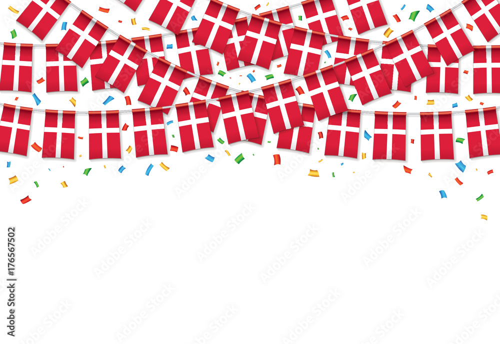 Obraz premium Denmark flags garland white background with confetti, Hanging bunting for Denmark Independence Day celebration template banner, Vector illustration