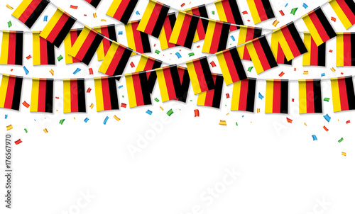 Germany flags garland white background with confetti, Hang bunting for German independence Day celebration template banner, Vector illustration