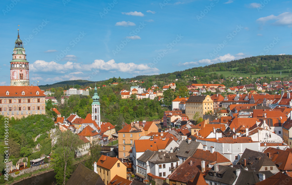Cesky Krumlov cityview from above in sunny day