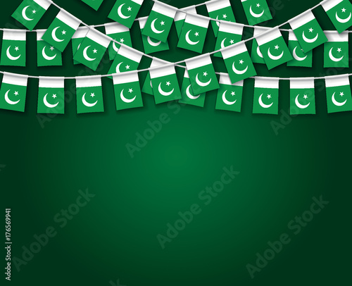 Garland Flags with Dark green Background Banner, Hanging Bunting Flags for Pakistan independence day celebration. Vector illustration
