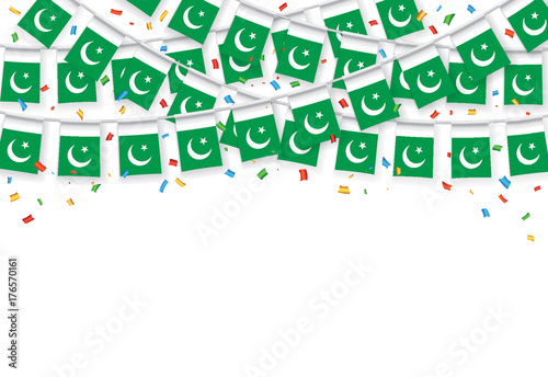 Garland Flags with white Background Banner, Hanging Bunting Flags for Pakistan independence day celebration. Vector illustration