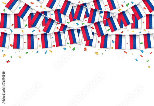 Russian flags garland white background with confetti, Hang bunting for Russia Day celebration template banner, Vector illustration