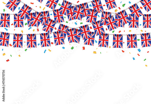 UK flags garland white background with confetti, Hang bunting for United Kingdom Day celebration template banner, Vector illustration
