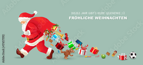 Weihnachtsmann kommt
Weihnachtsmann verliert die Geschenke
Banner Weihnachtskarte mit Weihnachtsgrüße
Dieses Jahr gibts keine Geschenke
Vektor Illustration isoliert auf unifarbigem Hintergrund