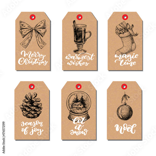 Christmas vintage gift tags set with lettering. Vector hand draw