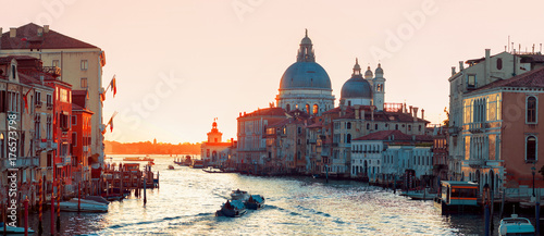 Sunset of Accademia's bridge. Venice, Italy. Panorama Of The Grand Canal
