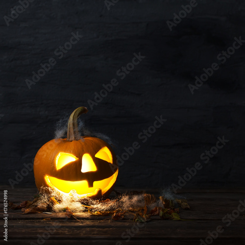 Scary halloween pumpkin in a spooky night. Halloween scene.