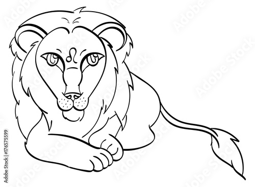 Fototapeta Naklejka Na Ścianę i Meble -  Leo - a lion laying down with the symbol of Leo on its forehead. Outline.