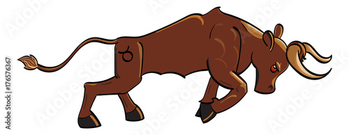 Taurus - a copper charging bull with the symbol of Taurus on its hind quarter.