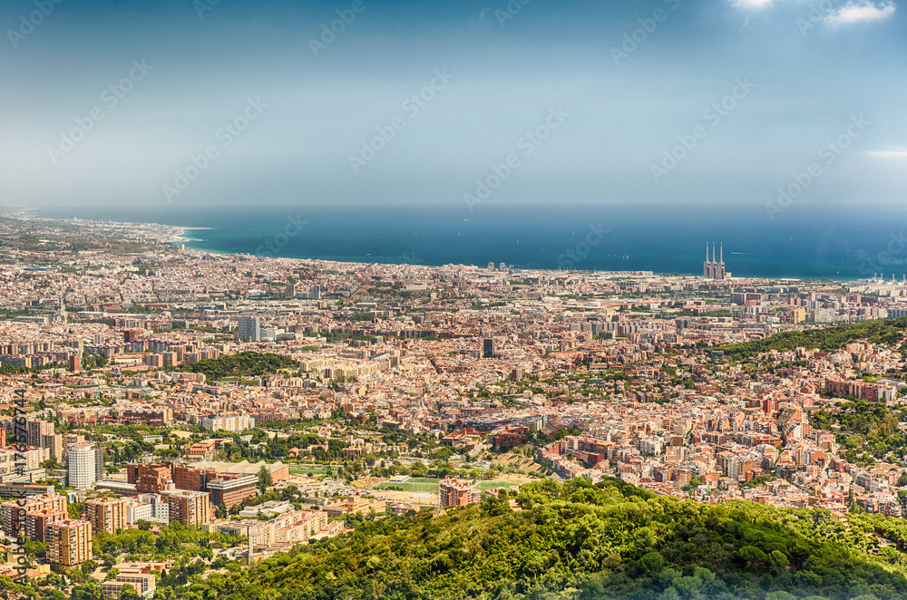 Aerial view from Tibidabo mountain over Barcelona, Catalonia, Spain