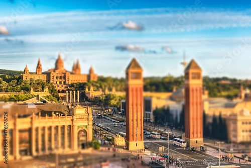 Aerial view of Placa d'Espanya, landmark in Barcelona, Catalonia, Spain