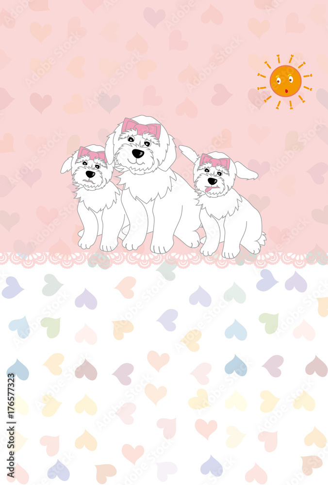 Obraz premium 犬の親子と可愛いハート模様のメッセージカート