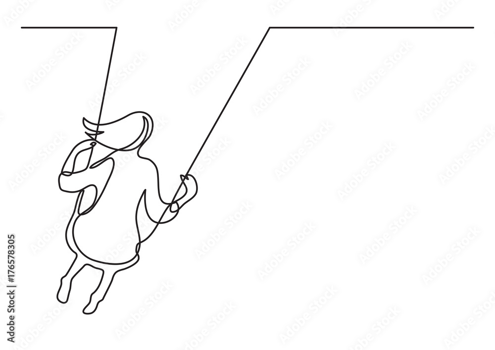 continuous line drawing of girl swinging on swing - obrazy, fototapety, plakaty 