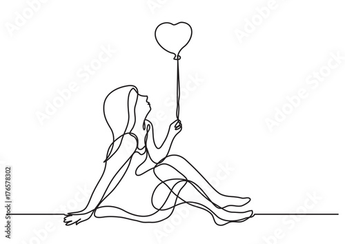 continuous line drawing of girl with heart balloon