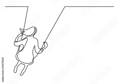 continuous line drawing of girl swinging on swing