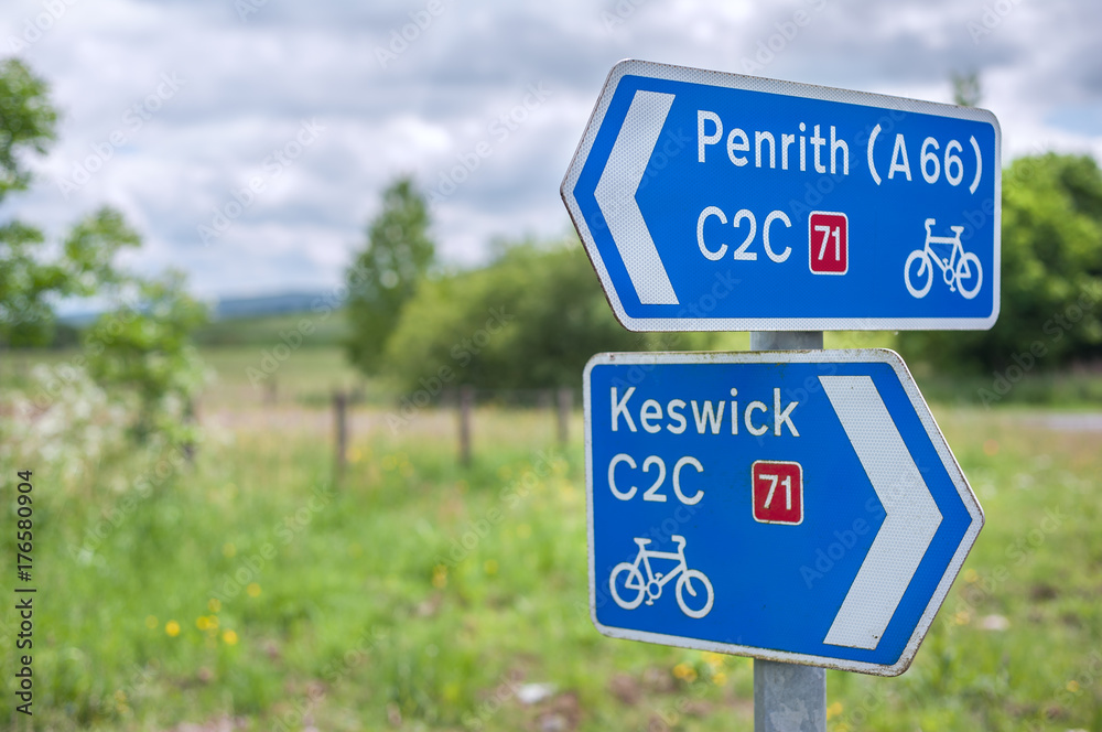Metal signpost for the Coast to Coast route 71 of the National Cycle Network, UK