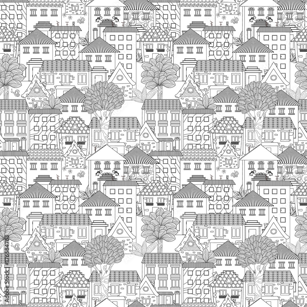 seamless texture with cute houses and trees for coloring book
