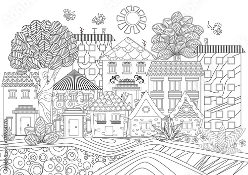 funny cityscape for coloring book