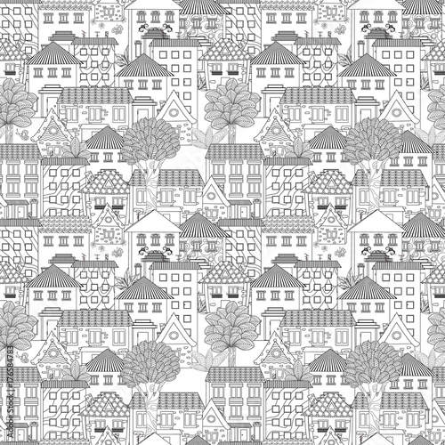 seamless texture with cute houses and trees for coloring book
