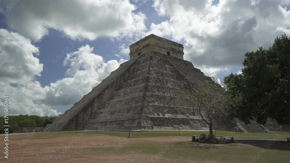 Backward movement from high Maya pyramid temple on Yucatane peninsula in summer sunny day Backward movement from high Maya pyramid temple on Yucatane peninsula in summer sunny day