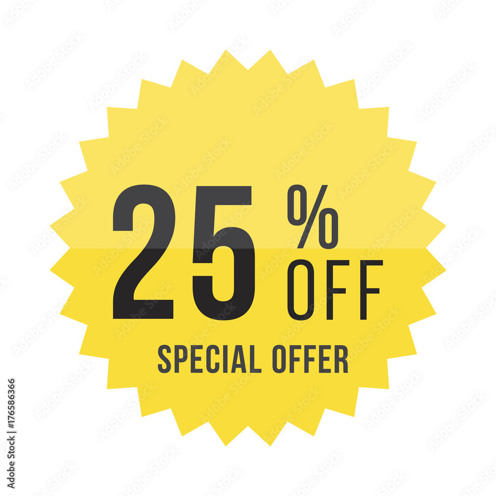 Yellow sticker with 25% discount. Template of the emblem with special offer flat vector eps 10 Yellow sticker with 25% discount. Template of the emblem with special offer flat vector eps 10
