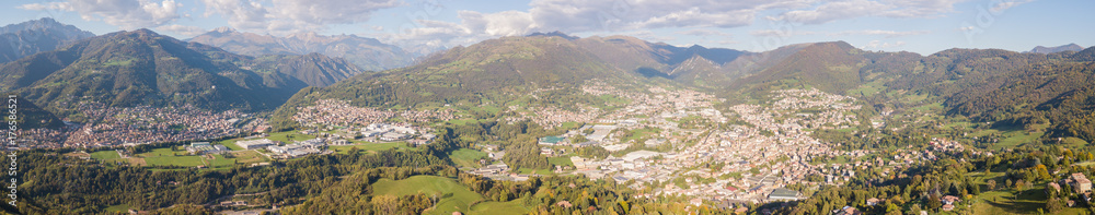 Drone aerial view to the villages of Leffe, Gandino, Casnigo, Peia and Cazzano Sant Andrea, located at Gandino Valley, Bergamo, Italy