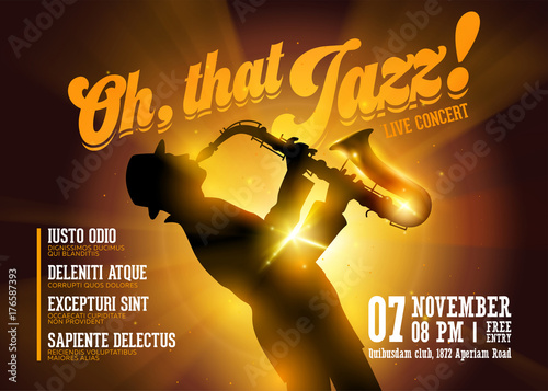 Vector Jazz Horizontal Poster. Silhouette of Saxophone Player against a Stage Gold Neon Light. Live Jazz Performance. Music Poster Template for Concert, Night Club, Festival, Flyer, Ticket.