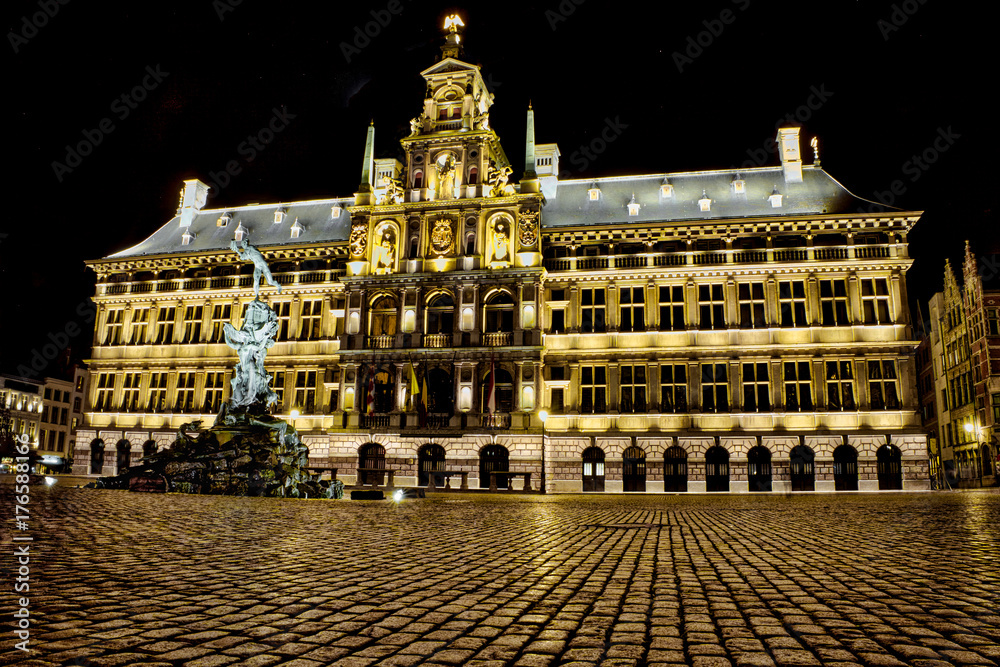 Cityhall Antwerp by night. The beautiful city hall with the statue Brabo in front. Antwerp, the city of diamonds.