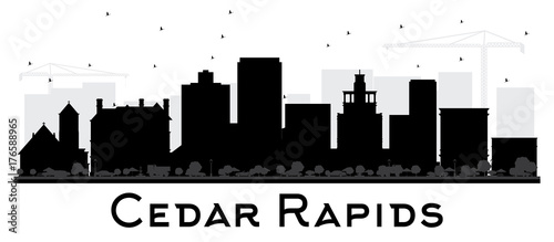 Cedar Rapids Iowa skyline black and white silhouette.