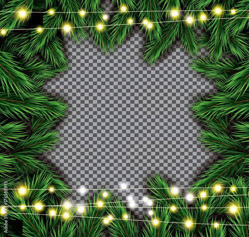 Fir Branch with Neon Lights on Transparent Background.