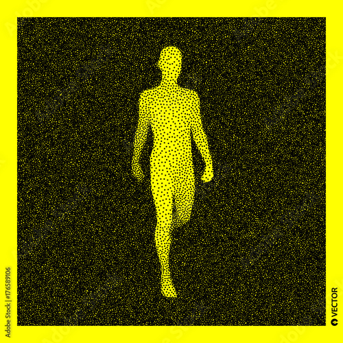 Walking Man. 3D Human Body Model. Black and yellow grainy design. Stippled vector illustration.