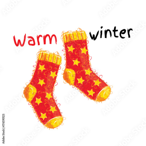 Warm winter woolen red socks with yellow stars