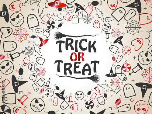 Trick or treat halloween red and black elements on yellow background. Vector illustration EPS 10.