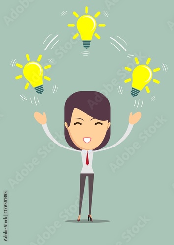 businesswoman showing she has an idea. Woman with a bright idea. Stock flat vector illustration.