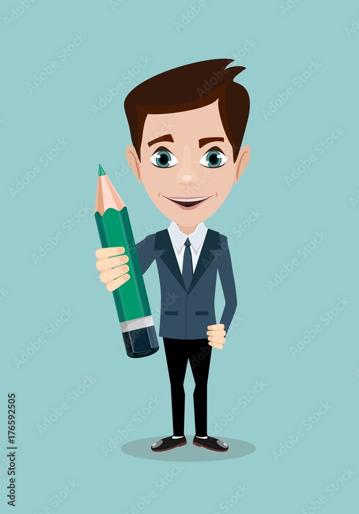 Handsome businessman with pencil . Stock vector illustration