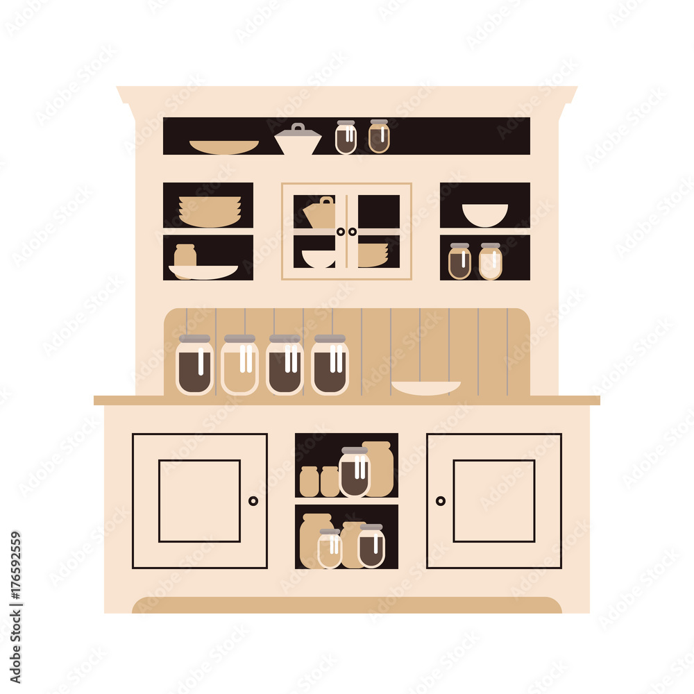 Hutch kitchen buffet with dishes of different bottles and glasses, cans and plates. Flat vector. Hutch kitchen buffet with dishes of different bottles and glasses, cans and plates. Flat vector.