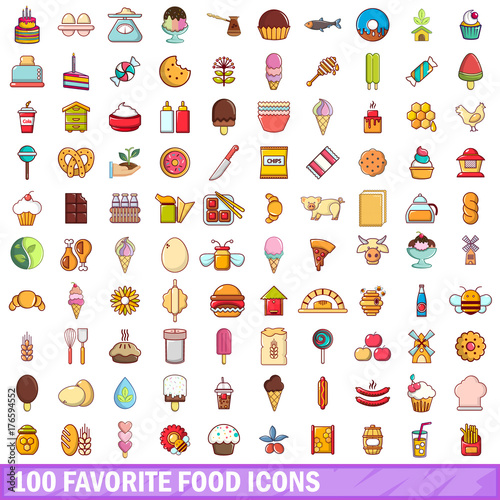 100 favorite food icons set, cartoon style 