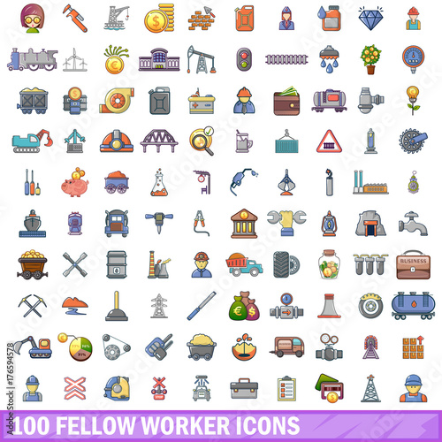 100 fellow worker icons set, cartoon style 
