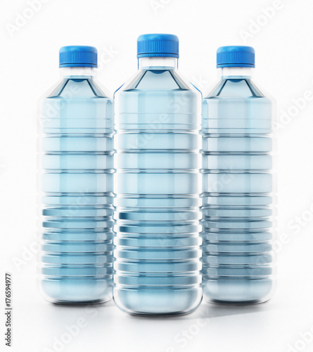 Blue plastic bottles full of water. 3D illustration