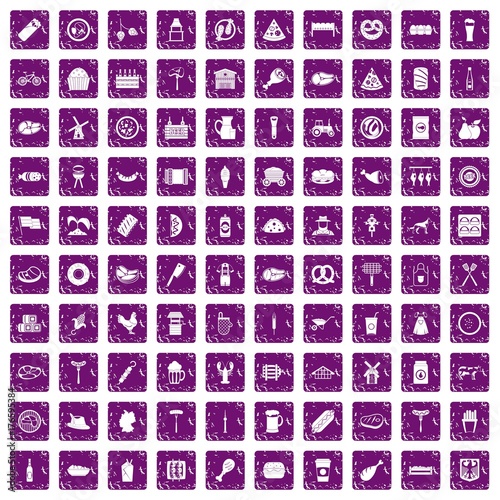 100 meat icons set grunge purple