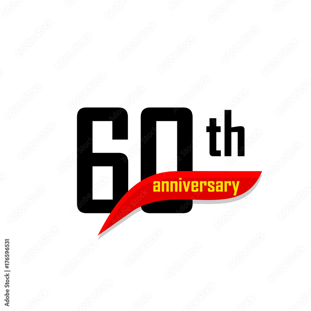 60th Anniversary abstract vector logo. Sixty Happy birthday day icon. Black numbers witth red boomerang shape with yellow text 60 years. 60th Anniversary abstract vector logo. Sixty Happy birthday day icon. Black numbers witth red boomerang shape with yellow text 60 years.