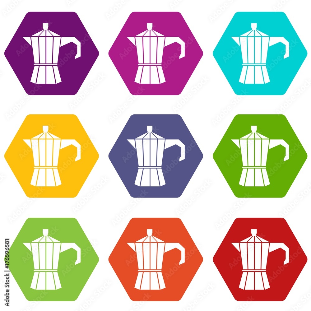 Steel retro coffee pot icon set color hexahedron