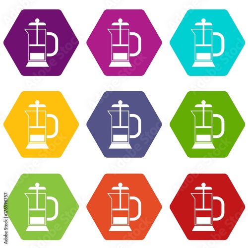 French press coffee maker icon set color hexahedron