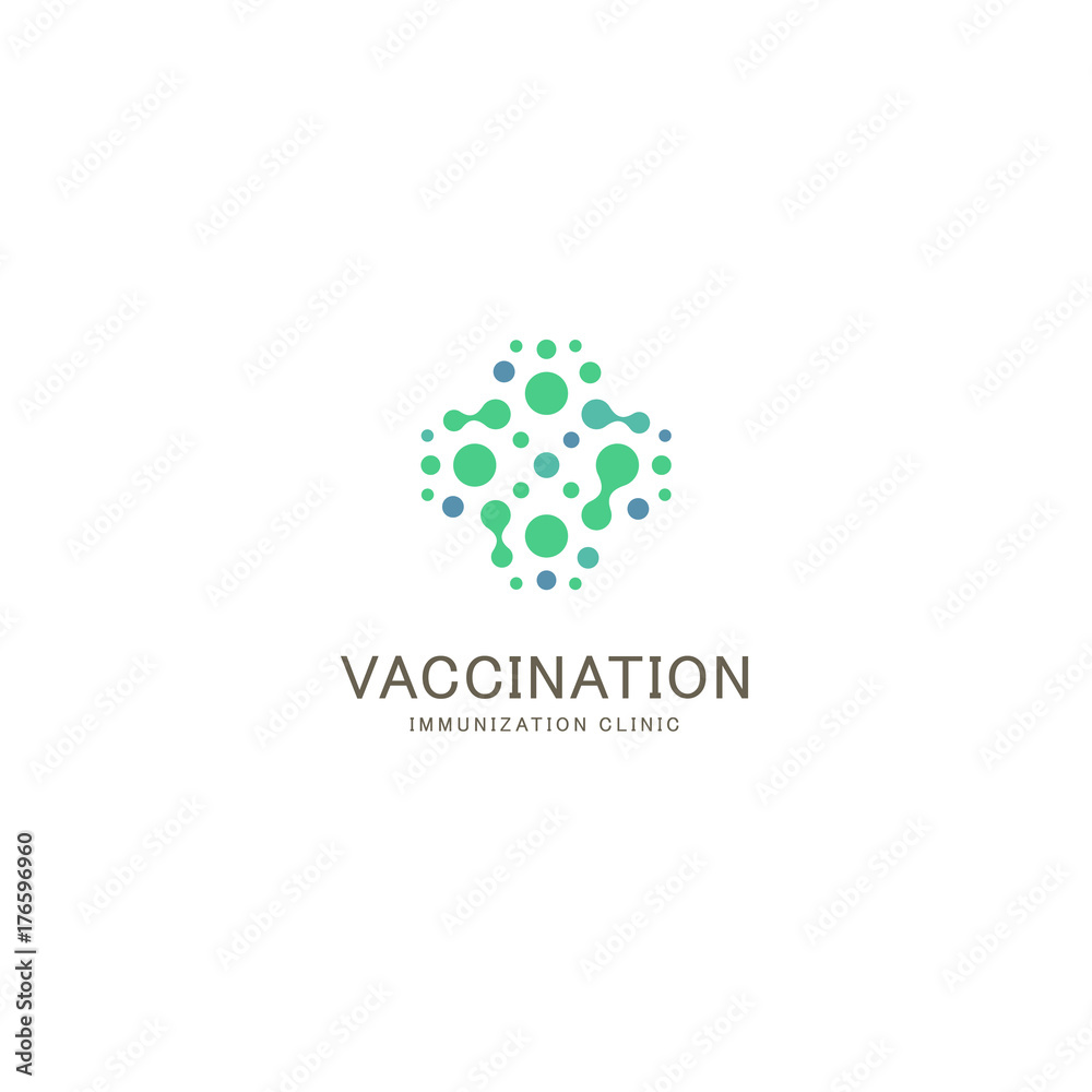 Vaccination, immunization clinic logo. Abstract cross from circles. Antibiotic, inoculation against bacteria and viruses. Protection, prevention symbol. Vaccination, immunization clinic logo. Abstract cross from circles. Antibiotic, inoculation against bacteria and viruses. Protection, prevention symbol.