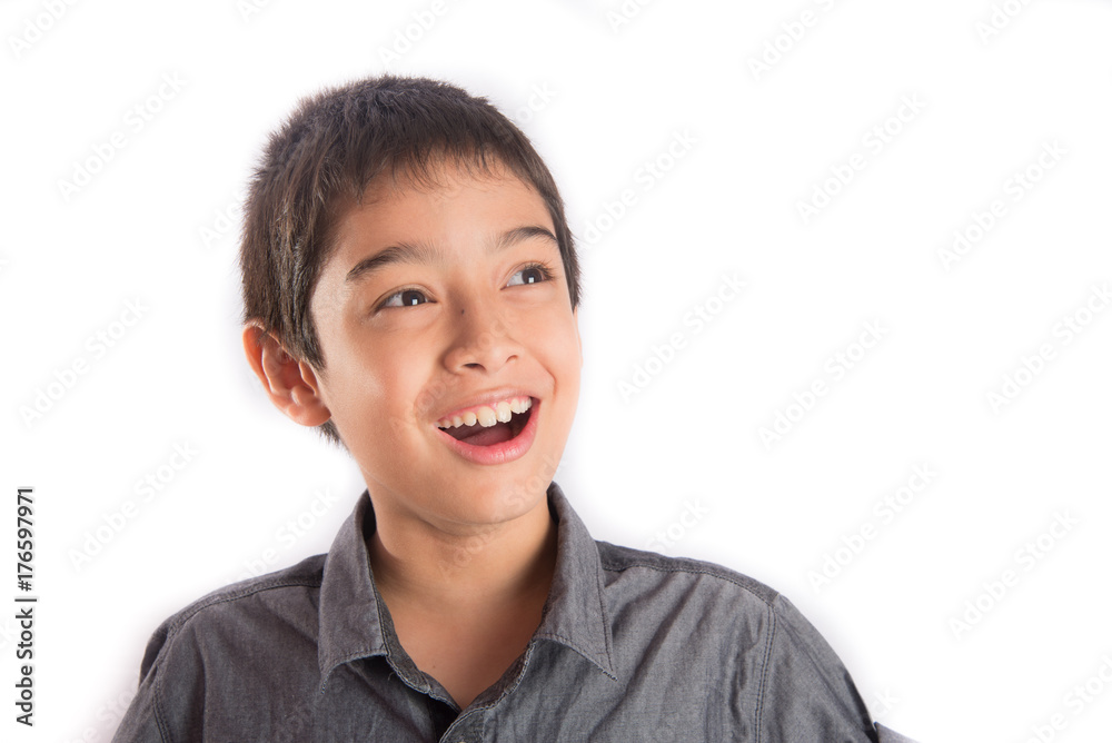Portrait of little boy with smile and handsome face looking up side Portrait of little boy with smile and handsome face looking up side